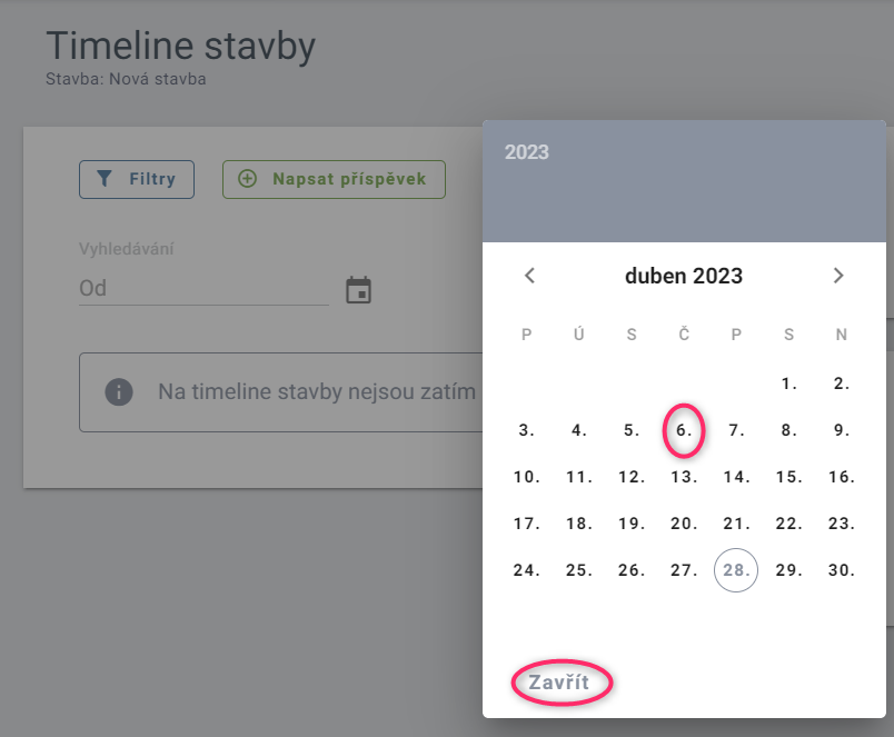 Návod k aplikaci Buldo, který pomocí screenshotu ukazuje, jak vybrat datum při pro filtrování příspěvků na Timelinu stavby.