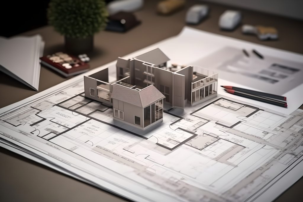 fotka modelu domu na papírech plánu