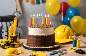 Stůl, na kterém je krásný klasický narozeninový dort, na kterém jsou jen čtyři zapálené svíčky. Na stole je také žlutá stavební helma, metr a další nářadí používané ve stavebnictví a dětský dřevěný bagr. Na obrázku jsou také další propriety hodící se k oslavě narozenin.