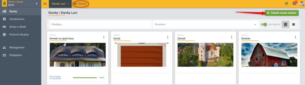 Screenshot obrazovky, ve kterém je v menu označena položka Stavby a tlačítko pro vytvoření nové stavby v aplikaci Buldo.